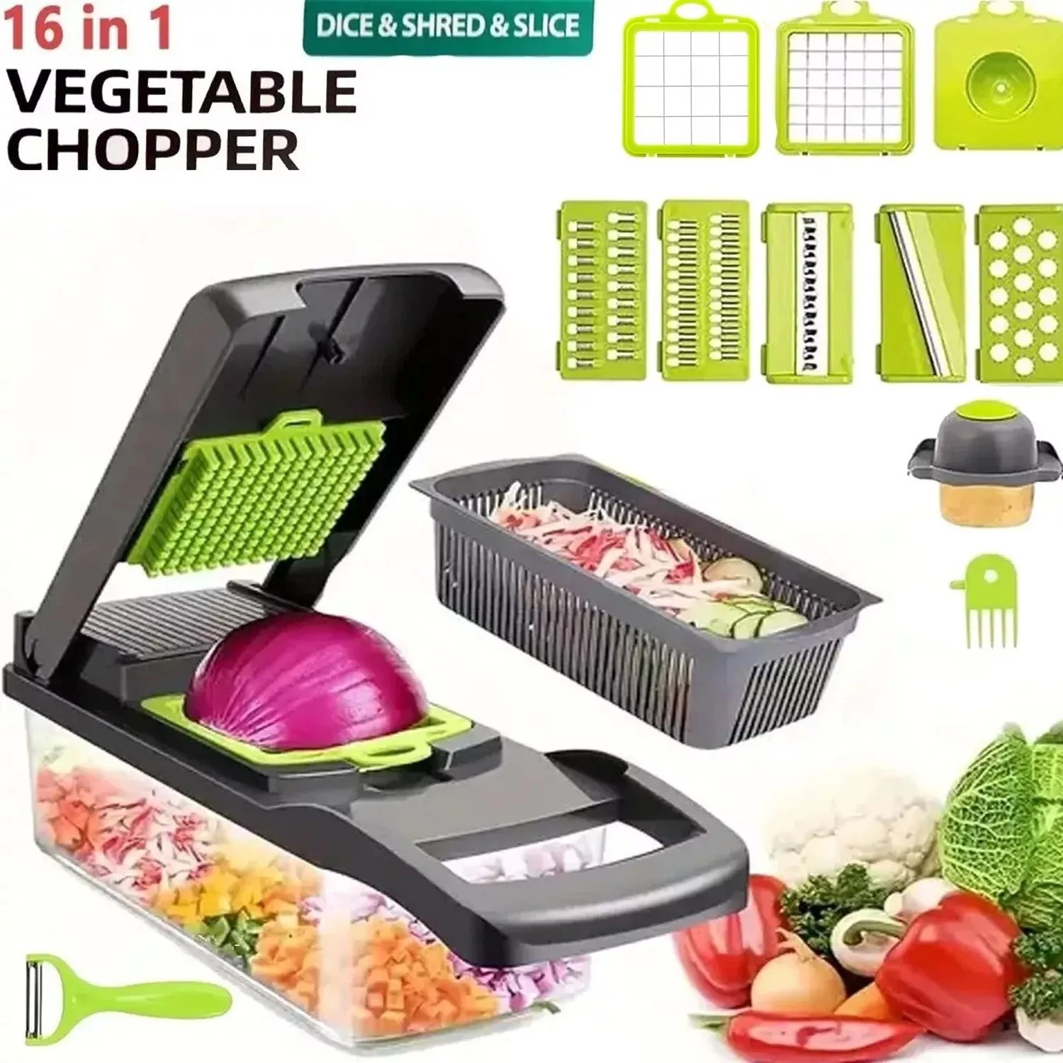 16 in 1 Vegetable Chopper Salad Slicer Dicer Cutter Mandoline Peeler Food UK