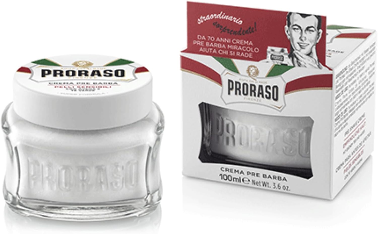 Proraso Pre Shave Cream, 100ml, Sensitive Pre Shaving Cream for Men Softens Skin with Oat and Green Tea Extracts, Made in Italy, White